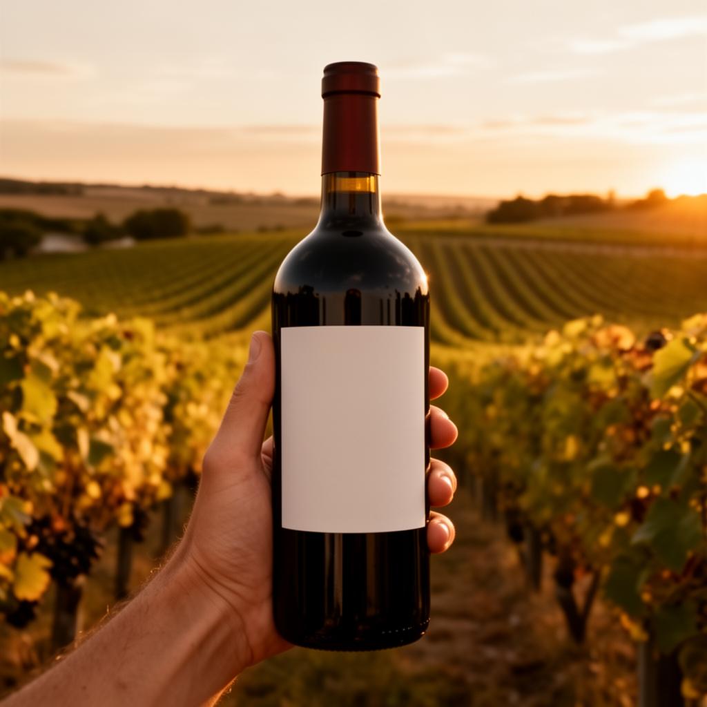 Bouteille de vin tenue à la main devant un vignoble au soleil couchant