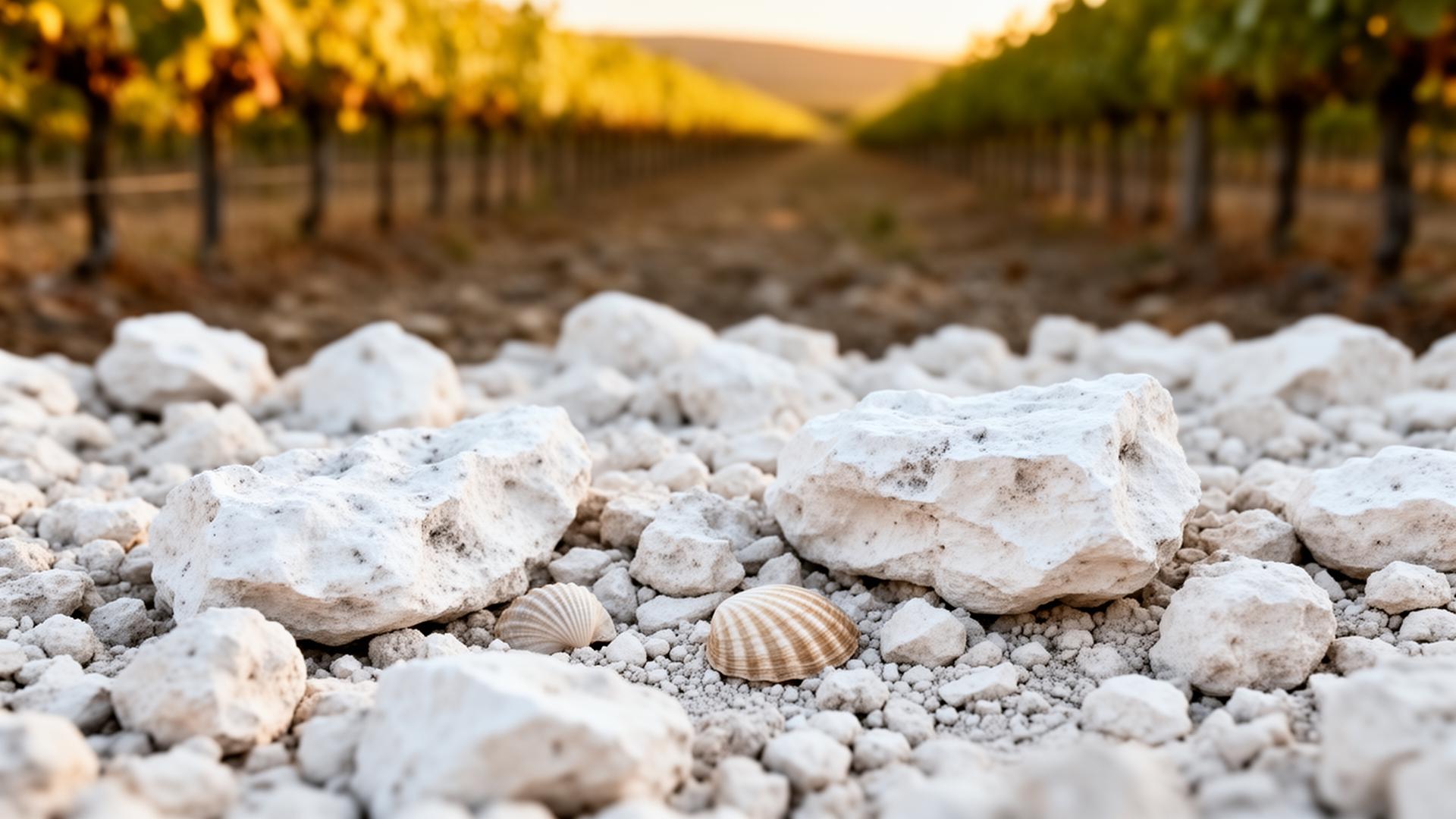 Sol calcaire blanc parsemé de petites huîtres fossilisées au pied d'une vigne